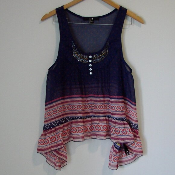 Beaded Flowy Tank Top Boho Hippie Blue Red Asymmetrical Hem Sheer Size Medium - Picture 1 of 13